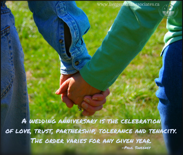 quote by Sweeney: A wedding anniversary is the celebration of love, trust, partnership, tolerance and tenacity. The order varies for any given year.  Poster by Bergen and ASsociates in Winnipeg
